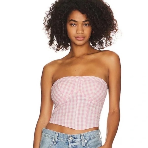 Free People Leilani Strapless Non-Slip Gingham Tube Top Pink White Women's L NWT - Picture 1 of 5